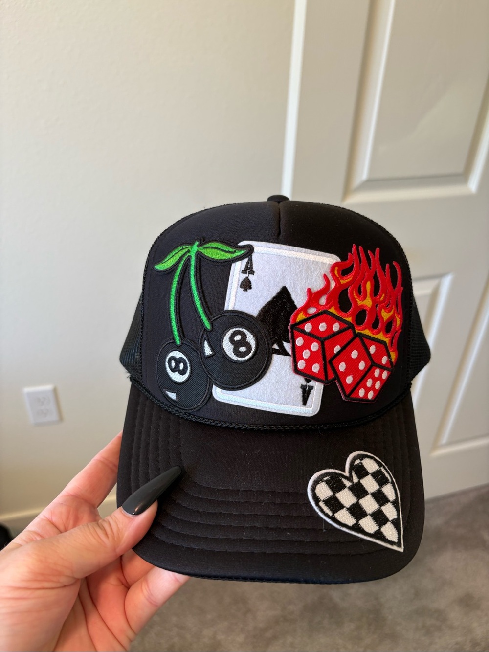 Black Trucker Hat with Flaming Dice, 8-Ball Cherries & Playing Card Patch